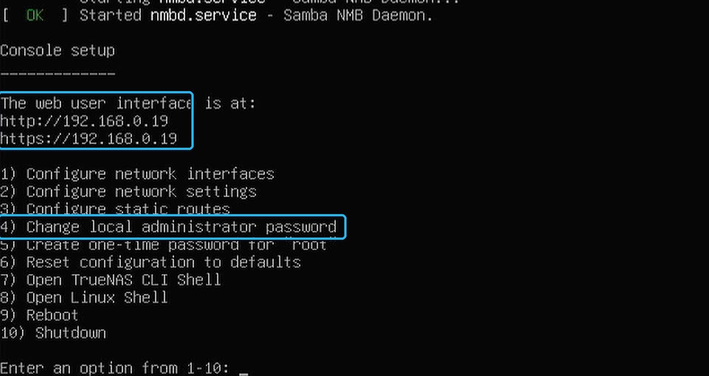 Your NAS address (yours will be different), and option 4 if you need to reset the admin password.
