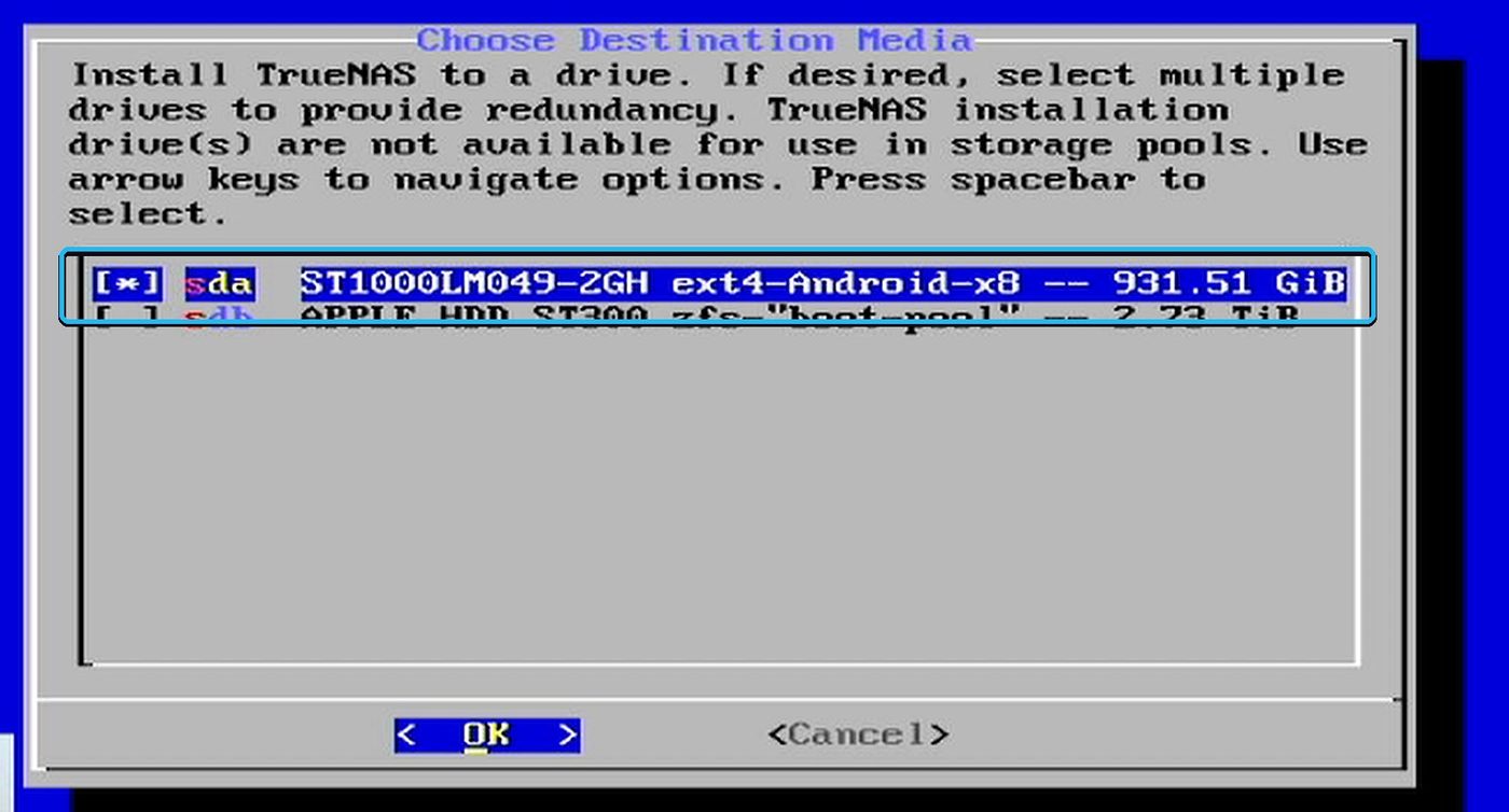 Select the boot drive with the spacebar.