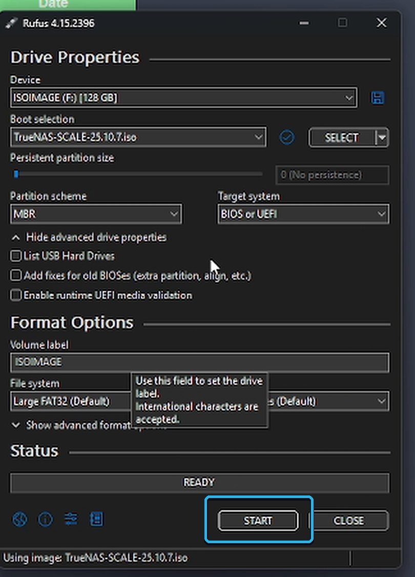 Device = your USB stick, Boot selection = the TrueNAS .iso, then START.