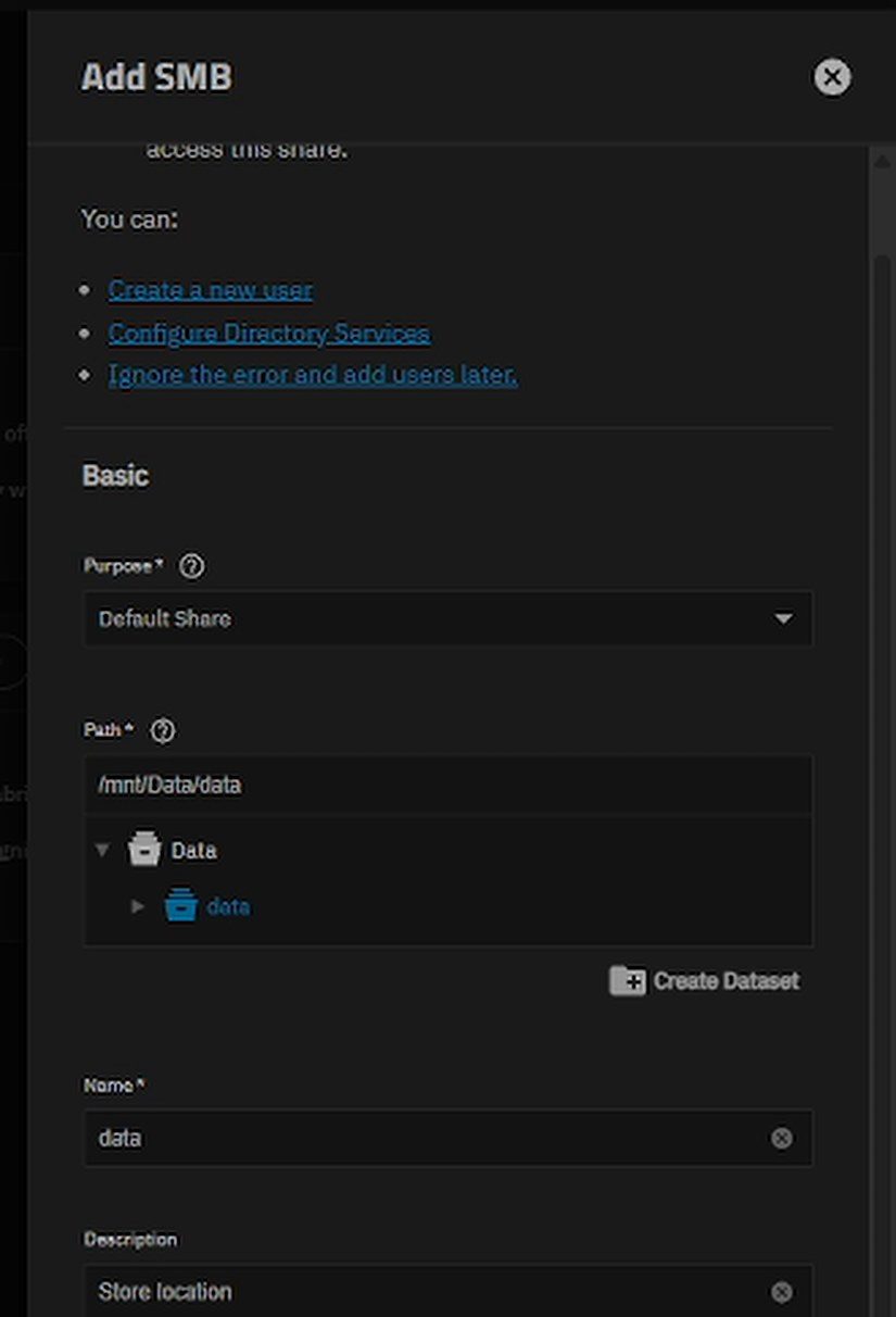 Add SMB: Default Share, path to the new data dataset, name it data.