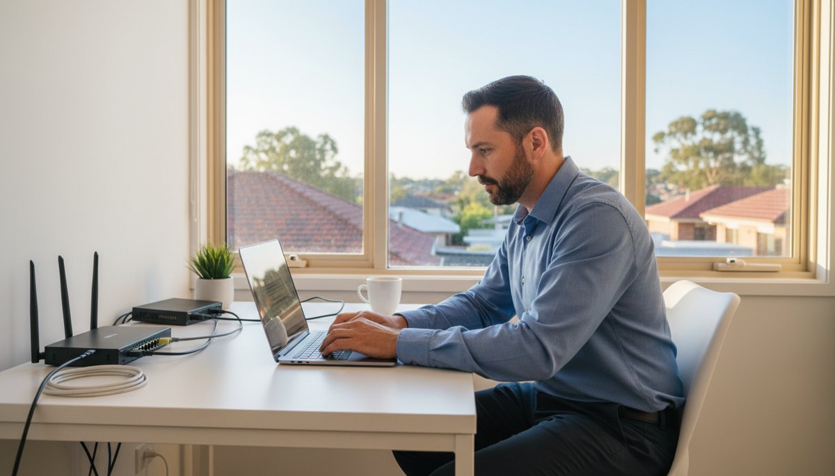 Home office set up with Wi-Fi router and laptop, Western Sydney