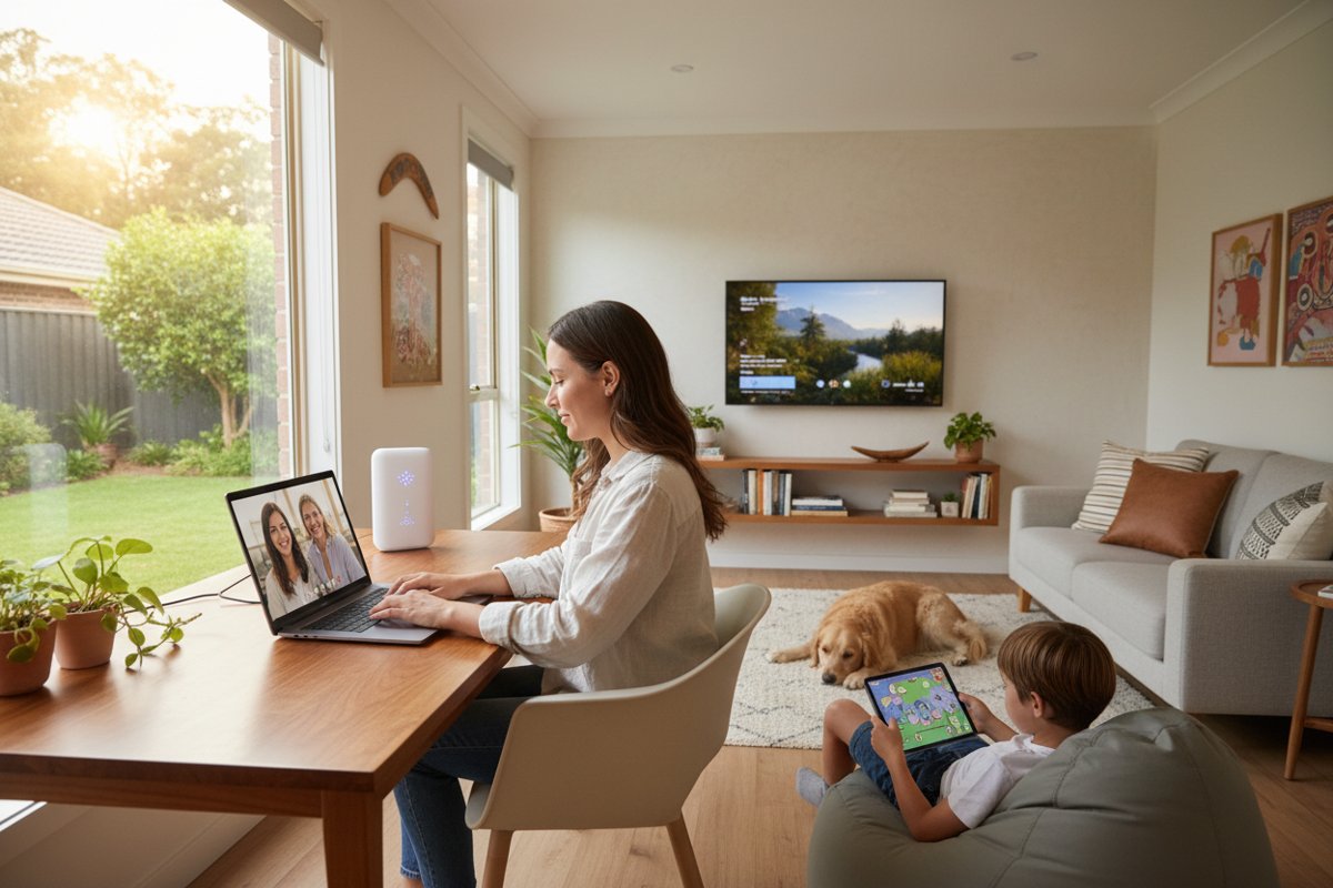 Family using laptop, tablet and smart TV at home